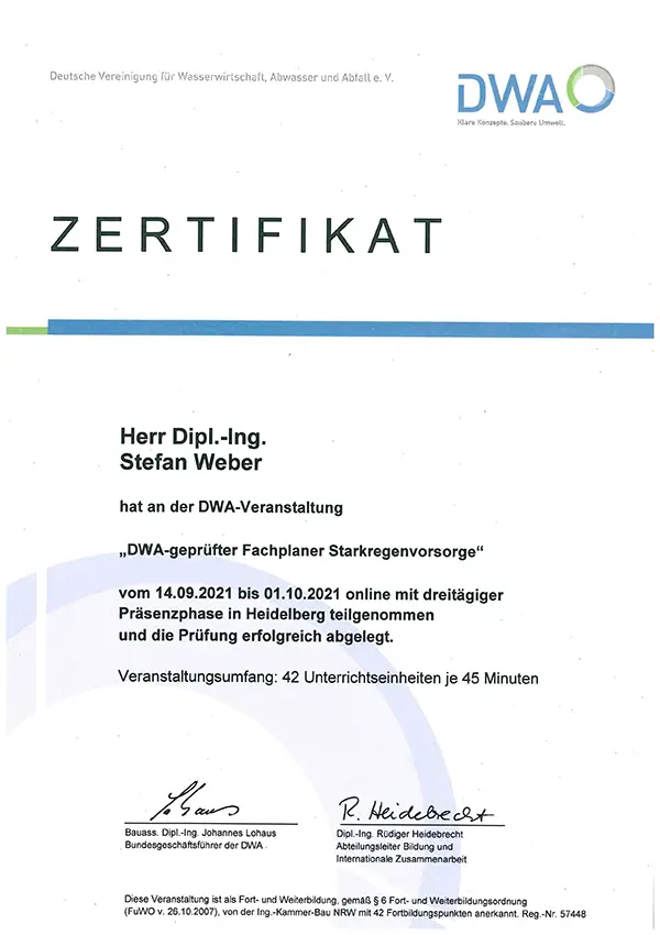 DWA geprüfter Fachplaner Starkregenvorsorge 2021 Weber