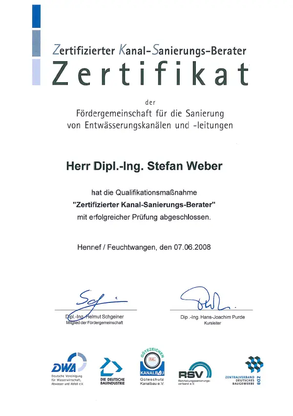 DWA Zertifizierter Kanalsanierungs-Berater 2008 Weber