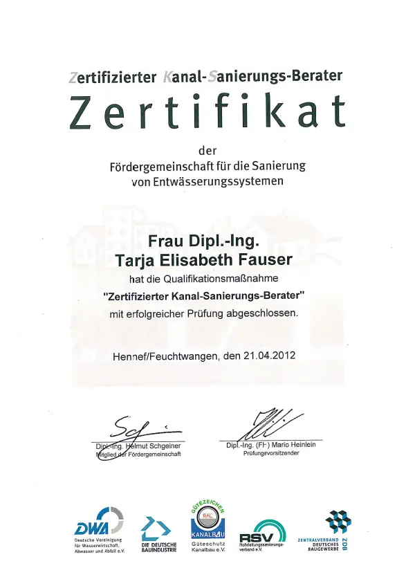 DWA Zertifizierter Kanalsanierungs-Berater 2012 Fauser