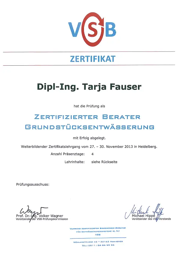 VSB Zertifizierter Berater Grundstücksentwässerung Fauser